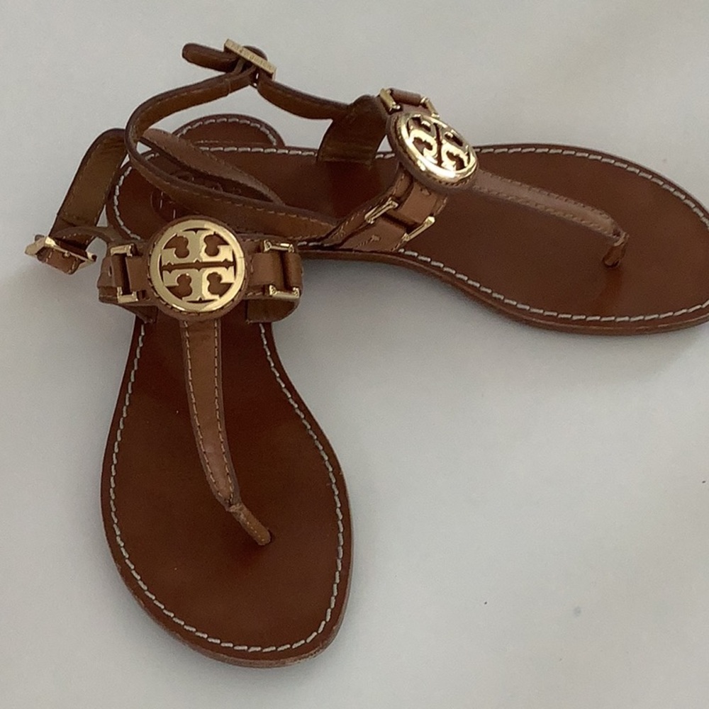 Tory Burch Brown Leather Sandals with Gold Medallion